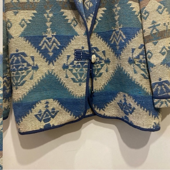 Vintage Boho Aztec Knit Blazer Coat Teal Green Blue Size Medium - Picture 5 of 9